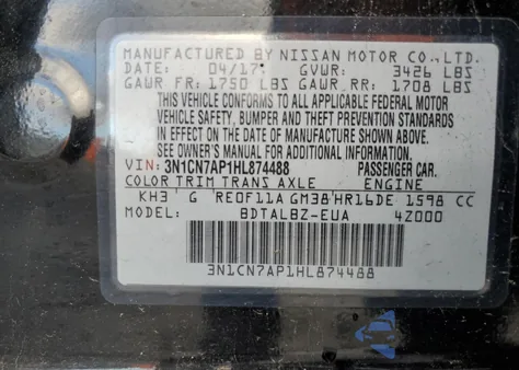 2017 Nissan Versa S из США, поврежденный, VIN 3N1CN7AP1HL874488